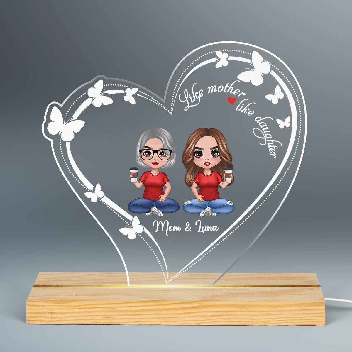 Heart Butterflies Doll Mother And Daughters Personalized Custom Shape LED Night Light
