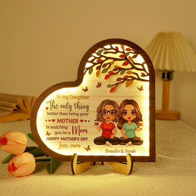 To My Daughter Gift From Mom Heart Personalized 2-Layered Wooden Plaque With LED