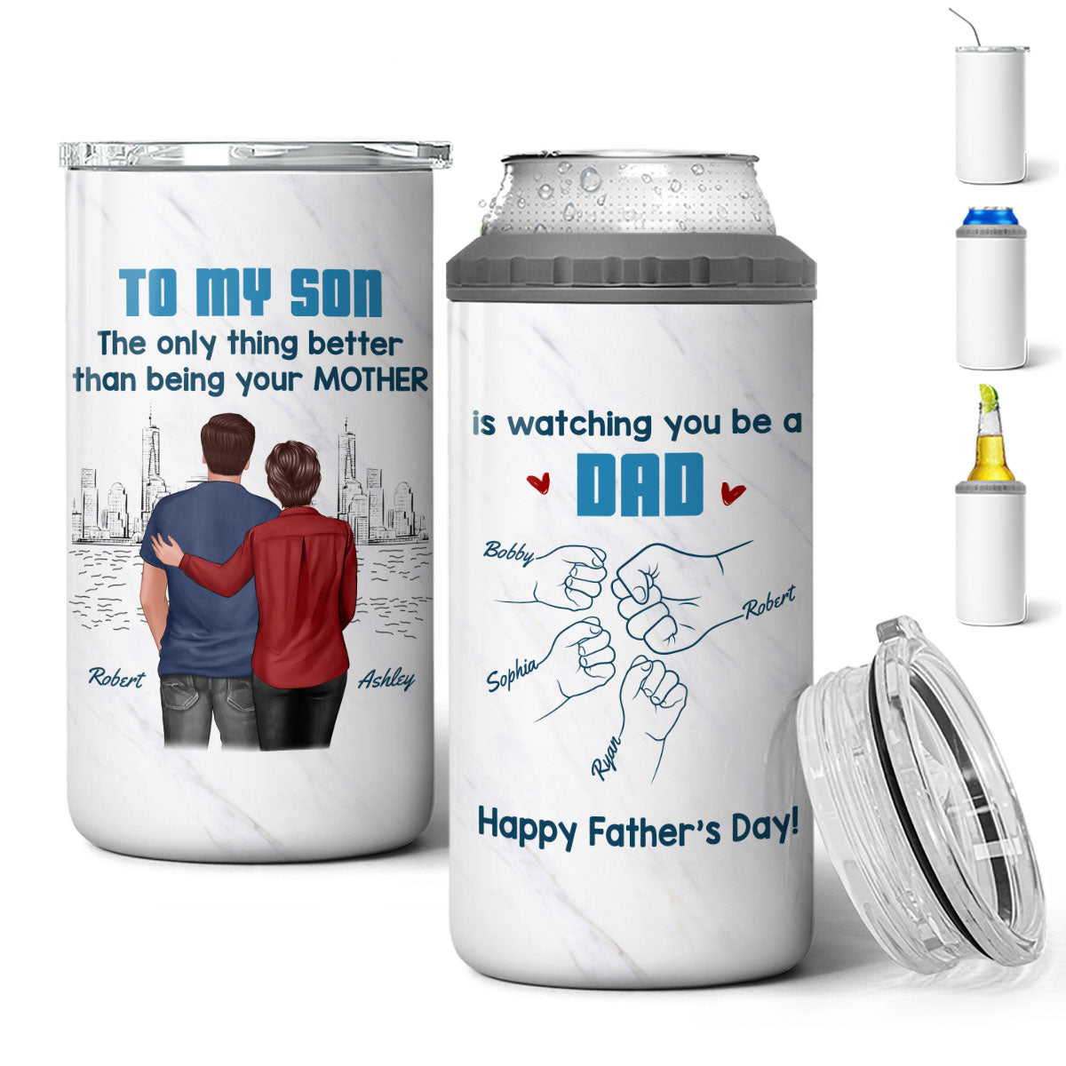 From Mom Dad To Son Watching You Be A Dad Blue Tone Personalized 4-in-1 Can Cooler, Gift For Son