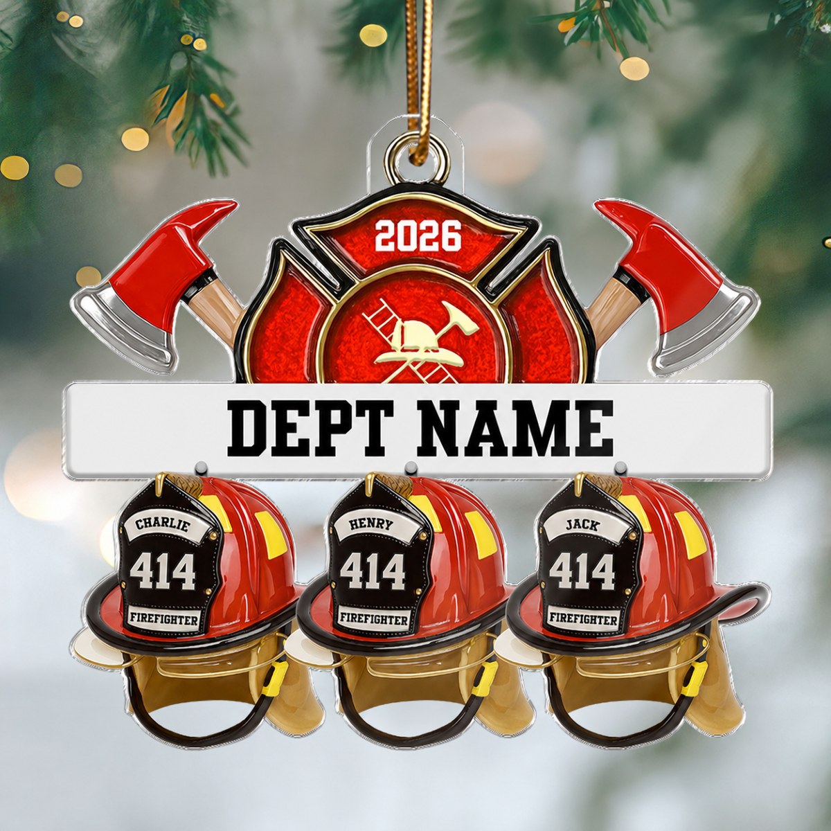 3D Effect Firefighter Station Helmets - Personalized Acrylic Ornament - Christmas Gift For Firefighter Station Department