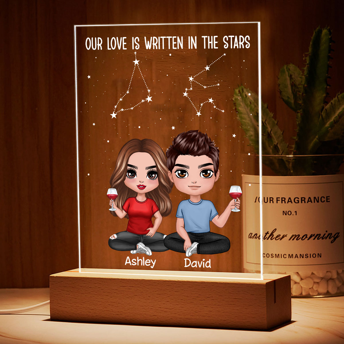 Our Love Written In The Star Doll Couple Sitting Horoscope Zodiac Sign Personalized Rectangle Acrylic Plaque With LED Night Light - Valentine‘s Day Gift, Anniversary Gift - Gift For Her - Gift For Him