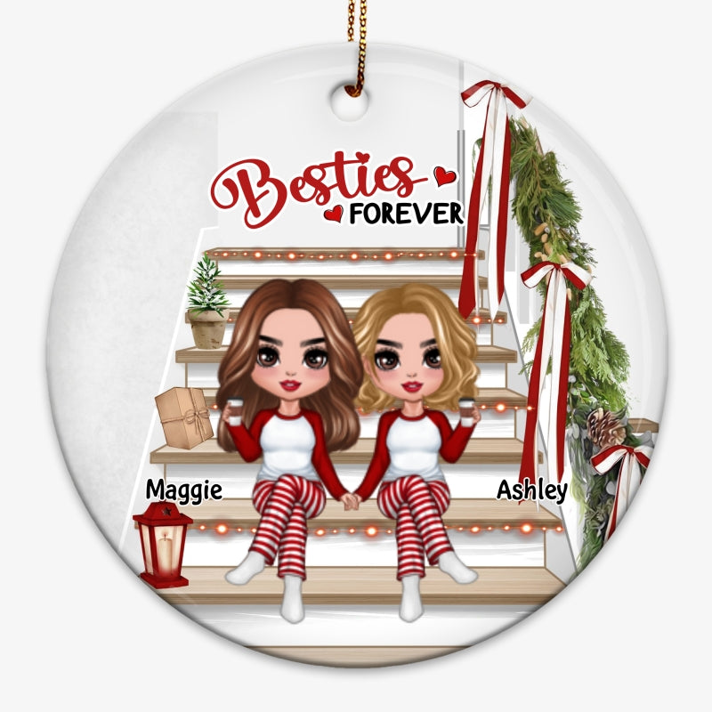 Besties Sisters Sitting On Christmas Stair Personalized Circle Ornament