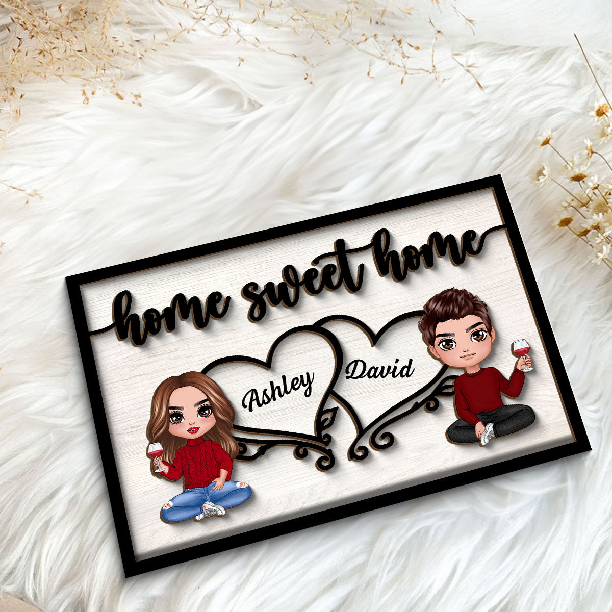 Couple Sitting Home Sweet Home Valentine‘s Day Gift For Him For Her Personalized 2-Layer Wooden Plaque