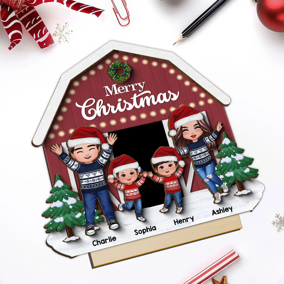 Christmas Farm House Family Tabletop Fireplace Decor Personalized 2-Layer Standing Wooden Plaque