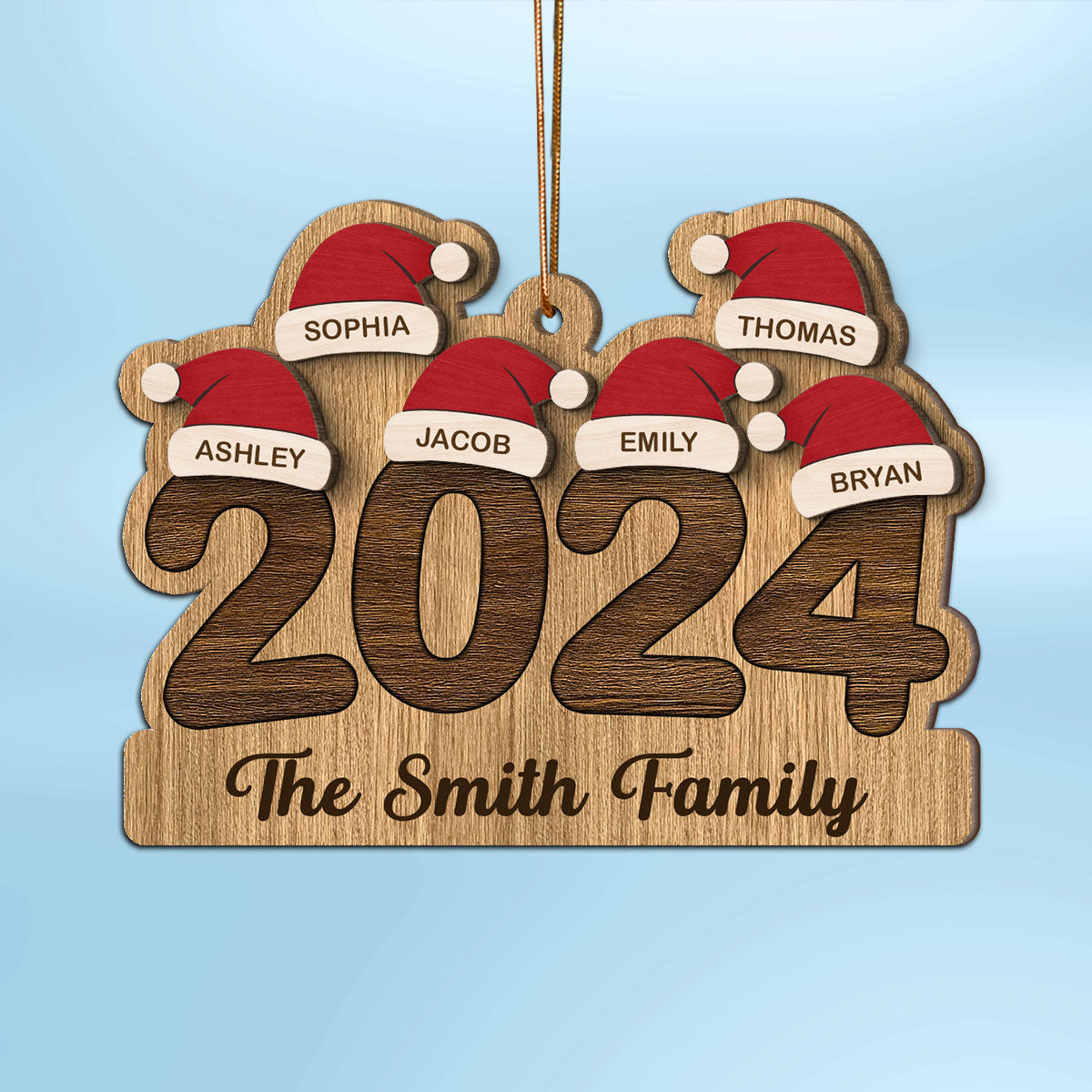 2024 Family Members Names Christmas Hat Personalized 2-Layer Wooden Ornament