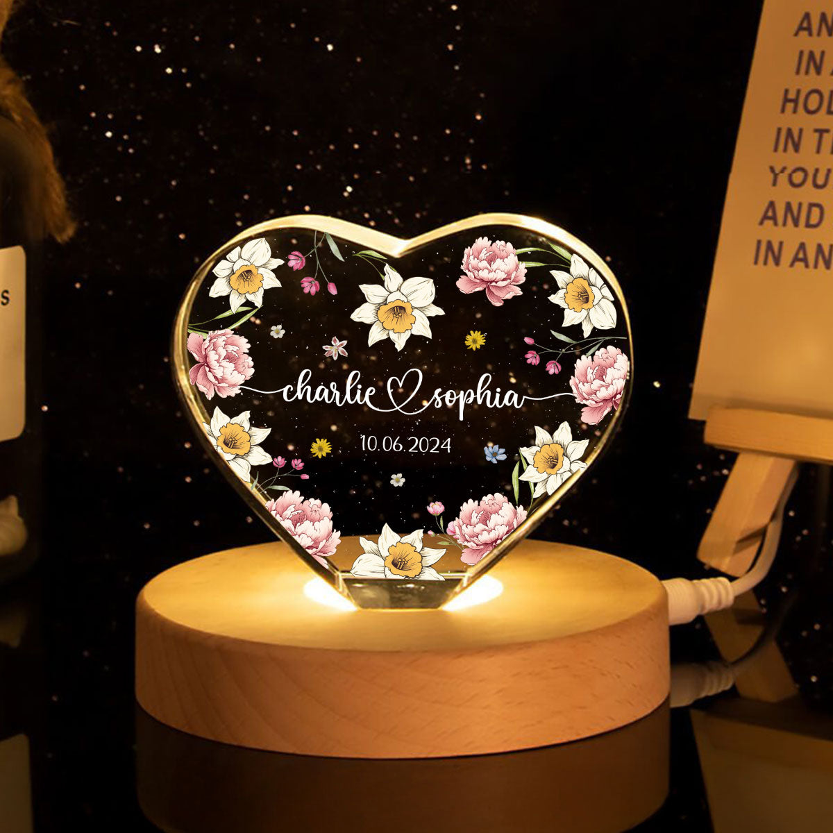 Couple Name Birth Month Flower Premium Crystal Heart LED, Unique Personalized Gift For Couple, For Him, For Her, Perfect Last-minute Valentine's Gift, Free Delivery