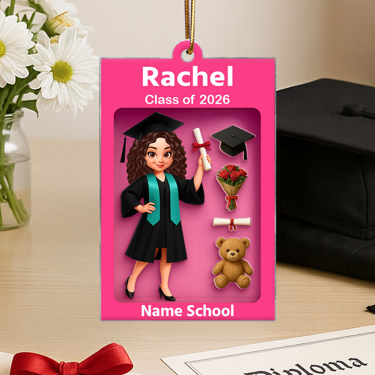 3D Effect Pink Toy Box Graduation - Personalized Acrylic Ornament - Gift For Seniors 2025