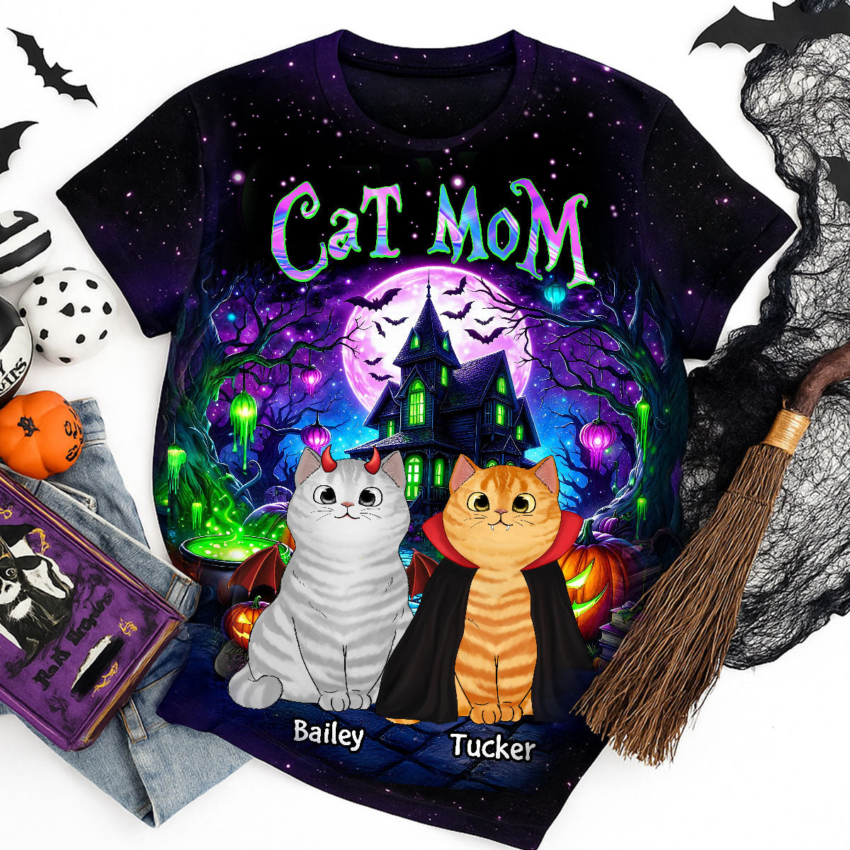 Cat Mom Halloween Dreamscape Background Personalized Shirt, Purrfect Costume for Cat Lover