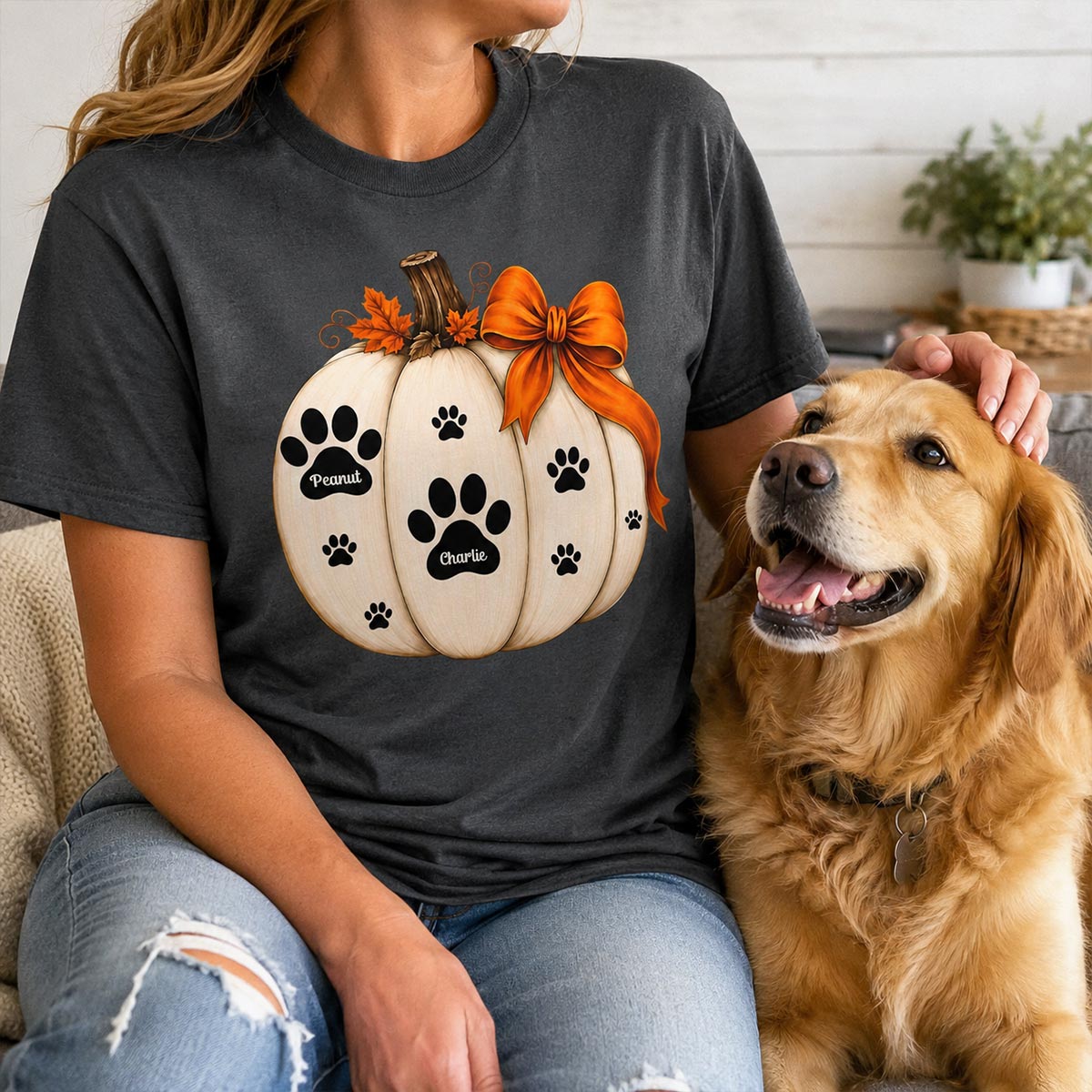 Pumpkin Paw Prints With Pet Names - Personalized Shirt - Cute Fall Gift For Dog Cat Lovers