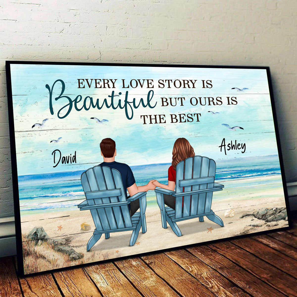 Back View Couple Sitting Beach Landscape Personalized Horizontal Poster