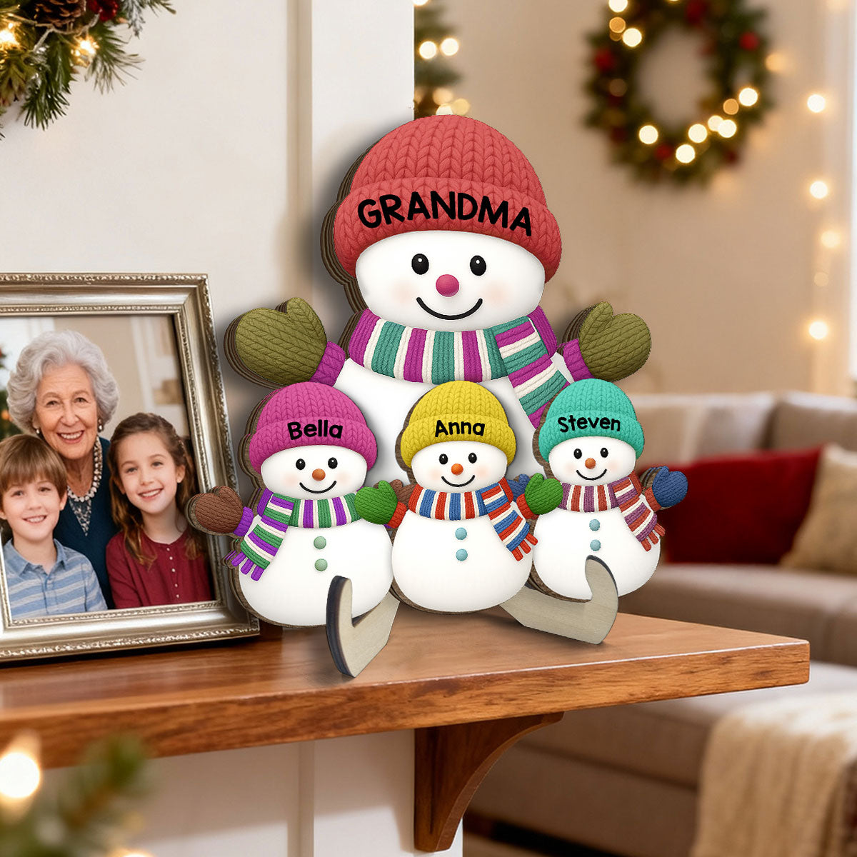 Christmas Grandma Grandkids Snowman Together - Personalized 2-Layered Wooden Plaque - Gift For Grandmas