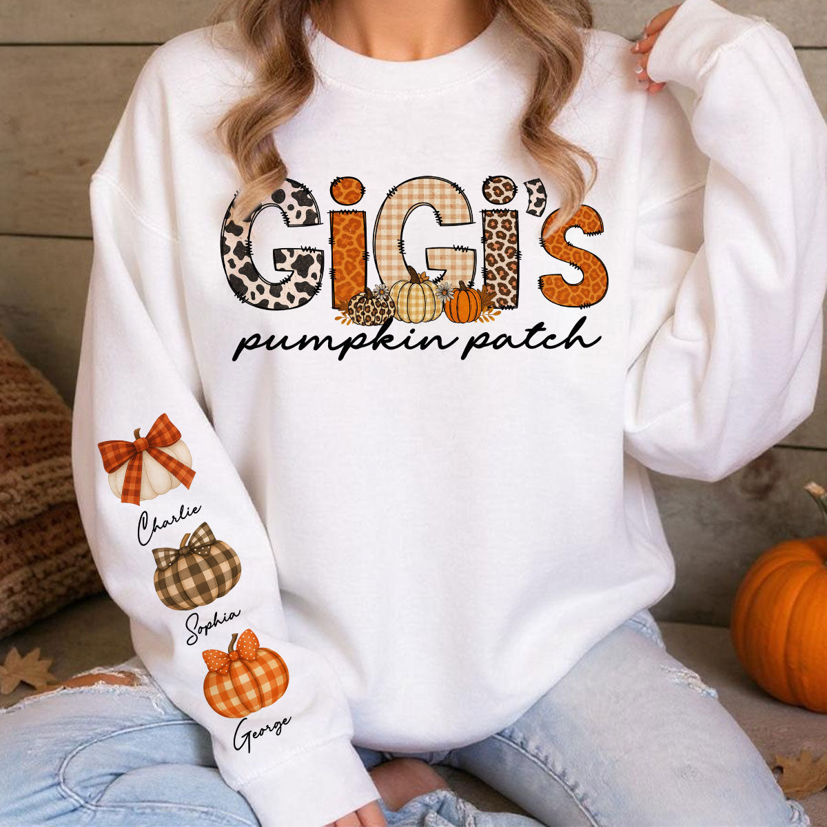 Grandma's Little Pumpkins Leopard Fall Pattern Personalized Sweatshirt, Fall Clothes Cozy Vibe for Grandma Mama Gigi Nana