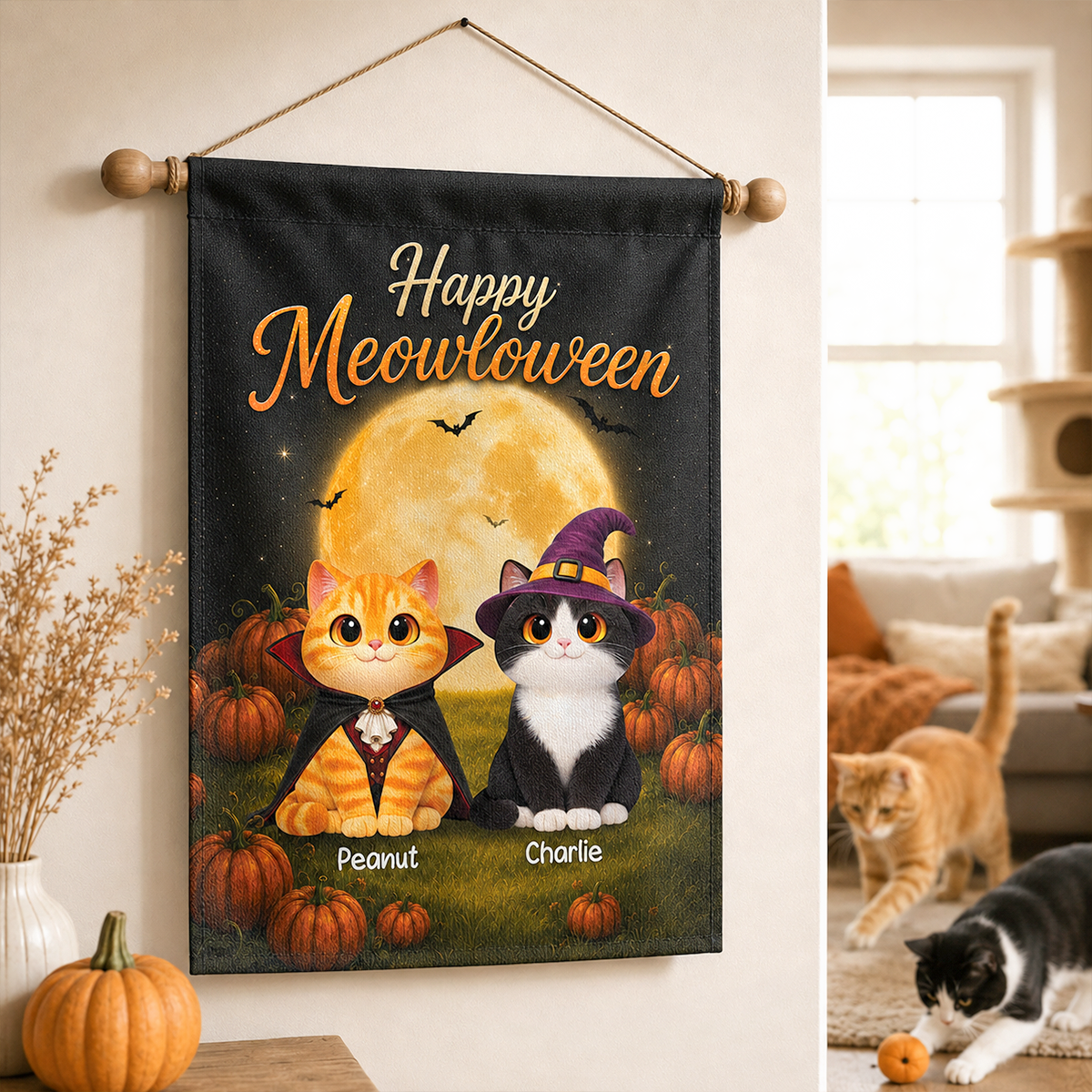 Halloween Cats In Moonlight - Personalized Garden Flag - Halloween Decoration