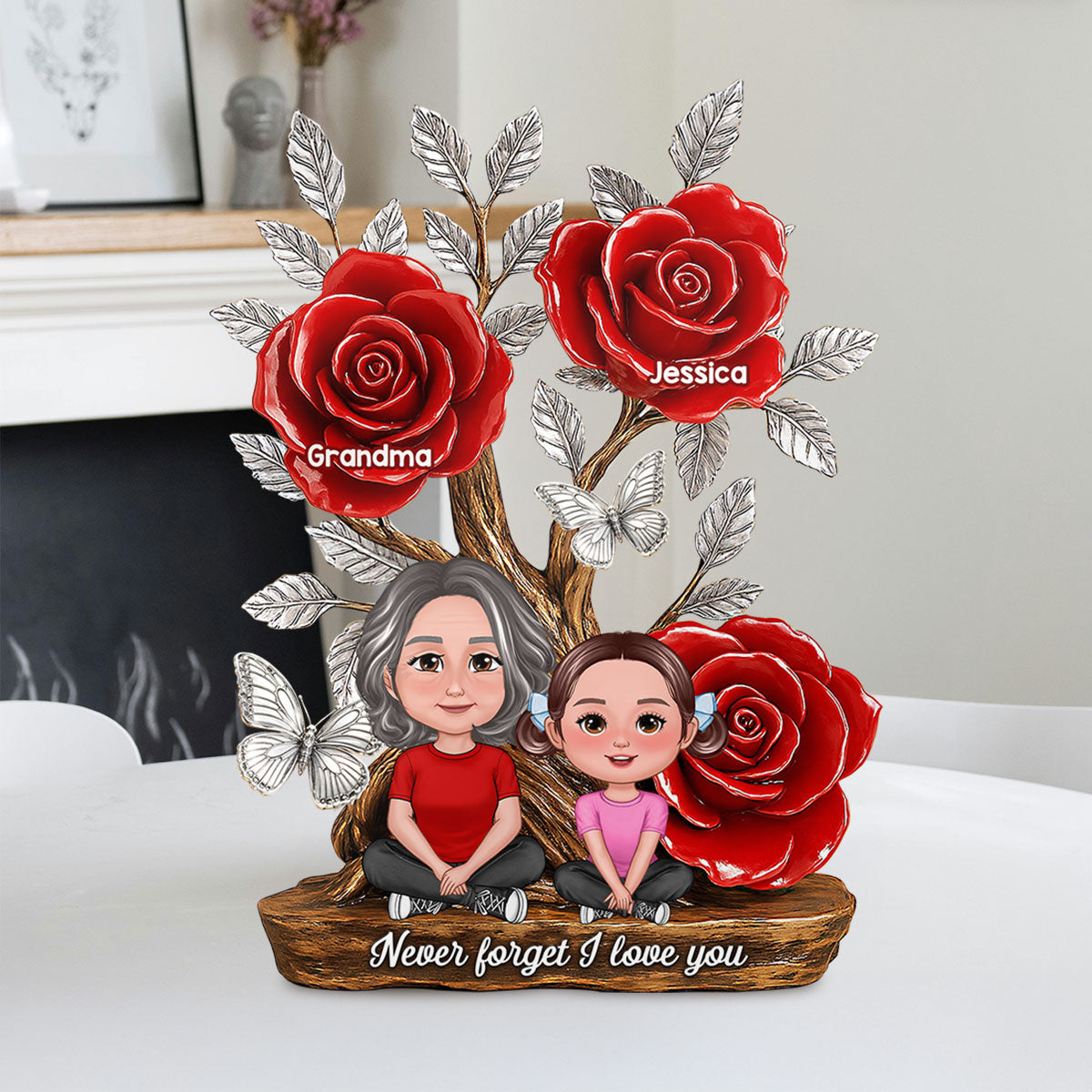 Mom Grandma & Kids Sitting Under Tree With Roses Personalized Acrylic Block Plaque