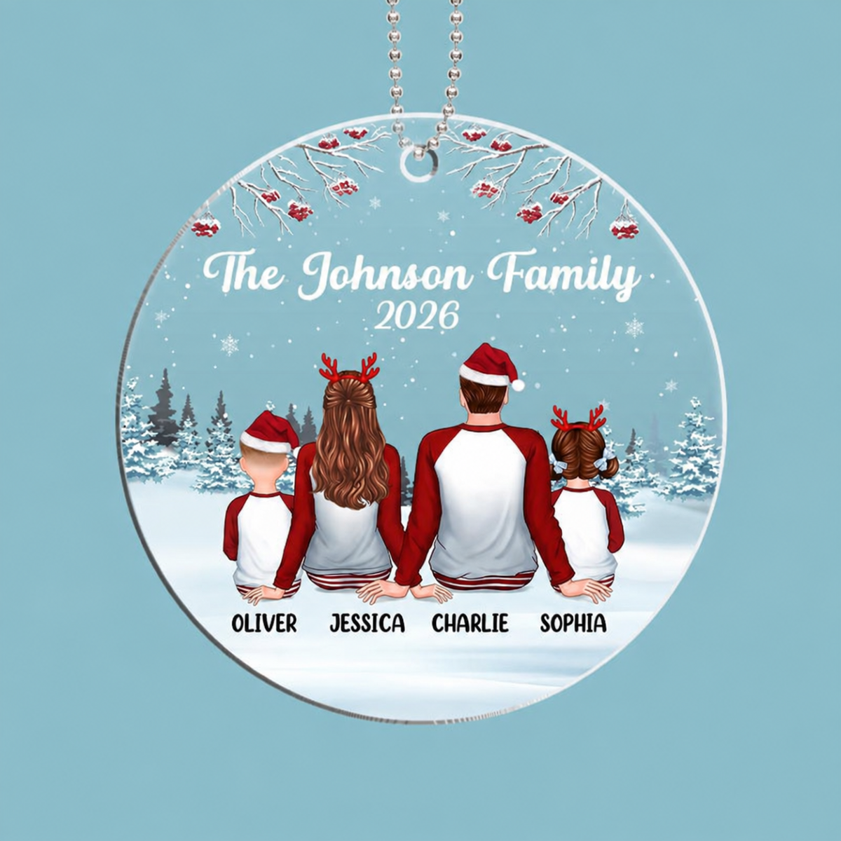 Family Back View Pajamas In Snow Personalized Circle Acrylic Ornament