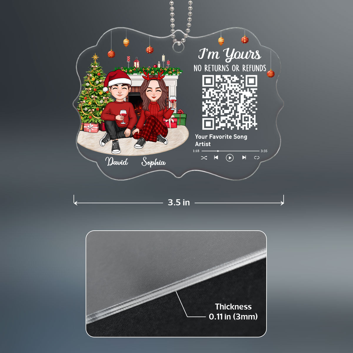 Cute Couple Sitting In House Favorite Song Scannable QR Code Christmas Personalized Christmas Ornament