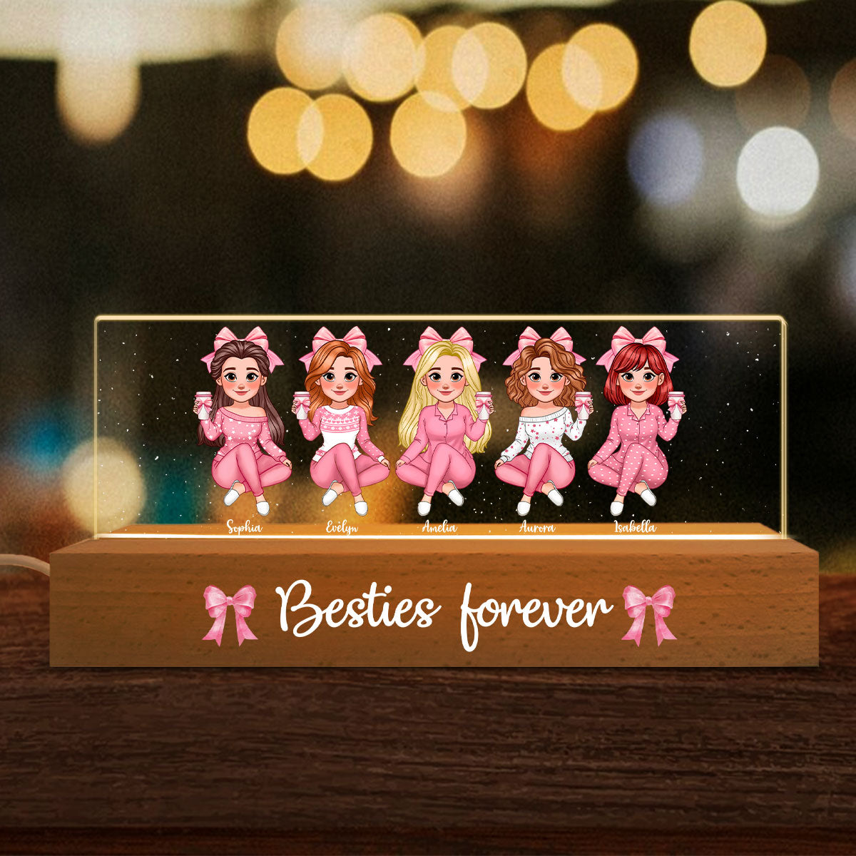 Coquette Animated Pink Besties Personalized Acrylic Block LED Night Light, Gift For Best Friends
