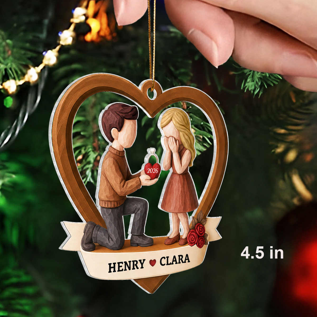 Couple Marriage Proposal 3D Wooden Effect - Personalized Acrylic Ornament - Newly Engaged Gift, "She Said Yes!" Christmas Ornament