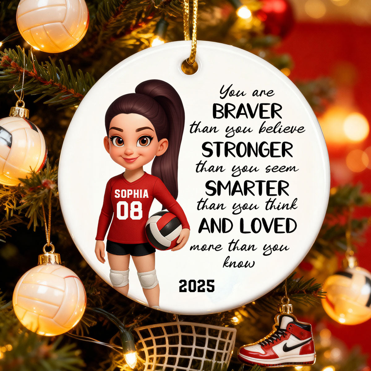 Christmas Volleyball Player Emotional Support You Are Braver Than You Think - Personalized Ceramic Ornament