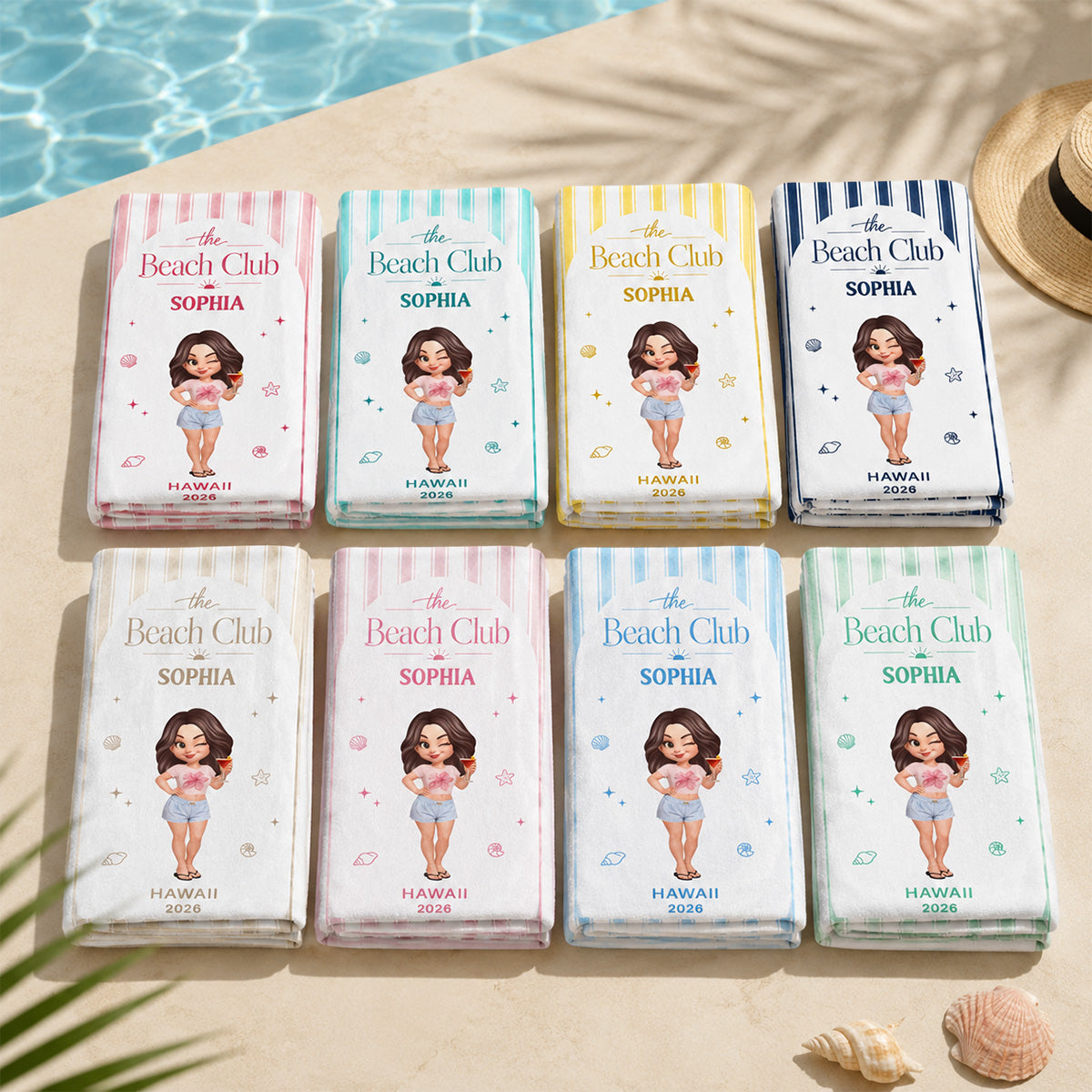 Summer Party Vacation Color Stripes - Personalized Beach Towel - Birthday Trip Towel, Bachelorette Towel, Girls Trip Towel