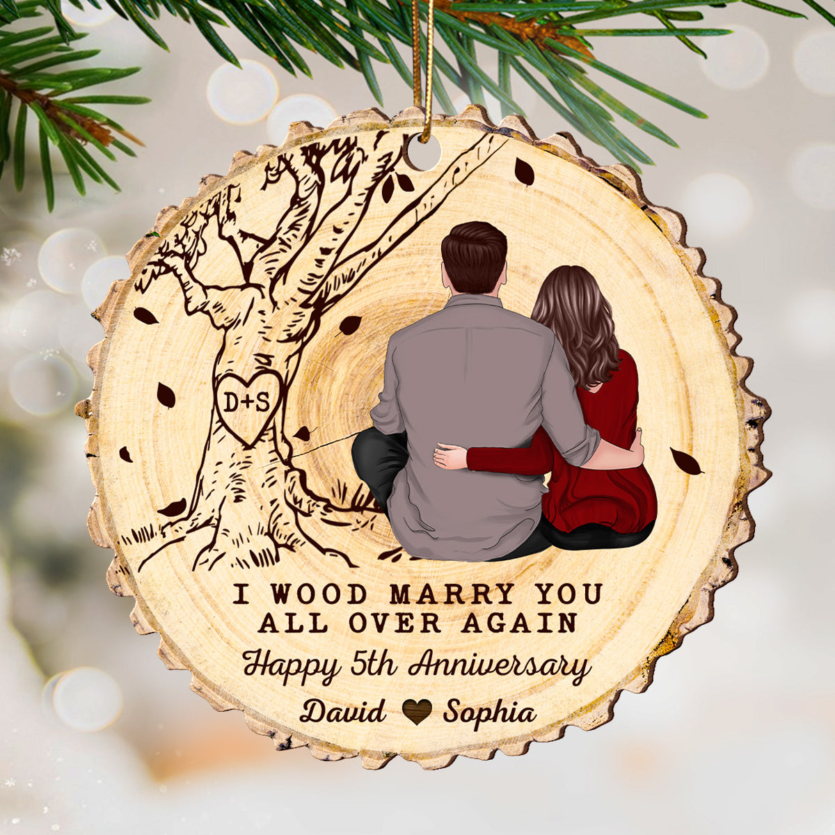 I Wood Marry You All Over Again Couple Sitting Back View Personalized Wooden Ornament, Anniversary Gift For Him, Gift For Her