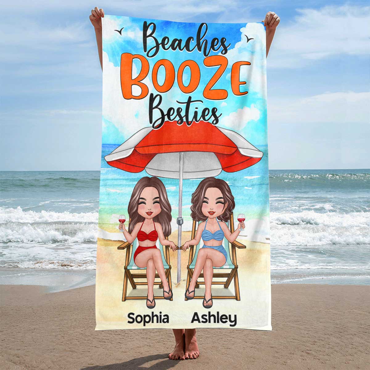 Doll Besties Sisters Under Umbrella Personalized Beach Towel
