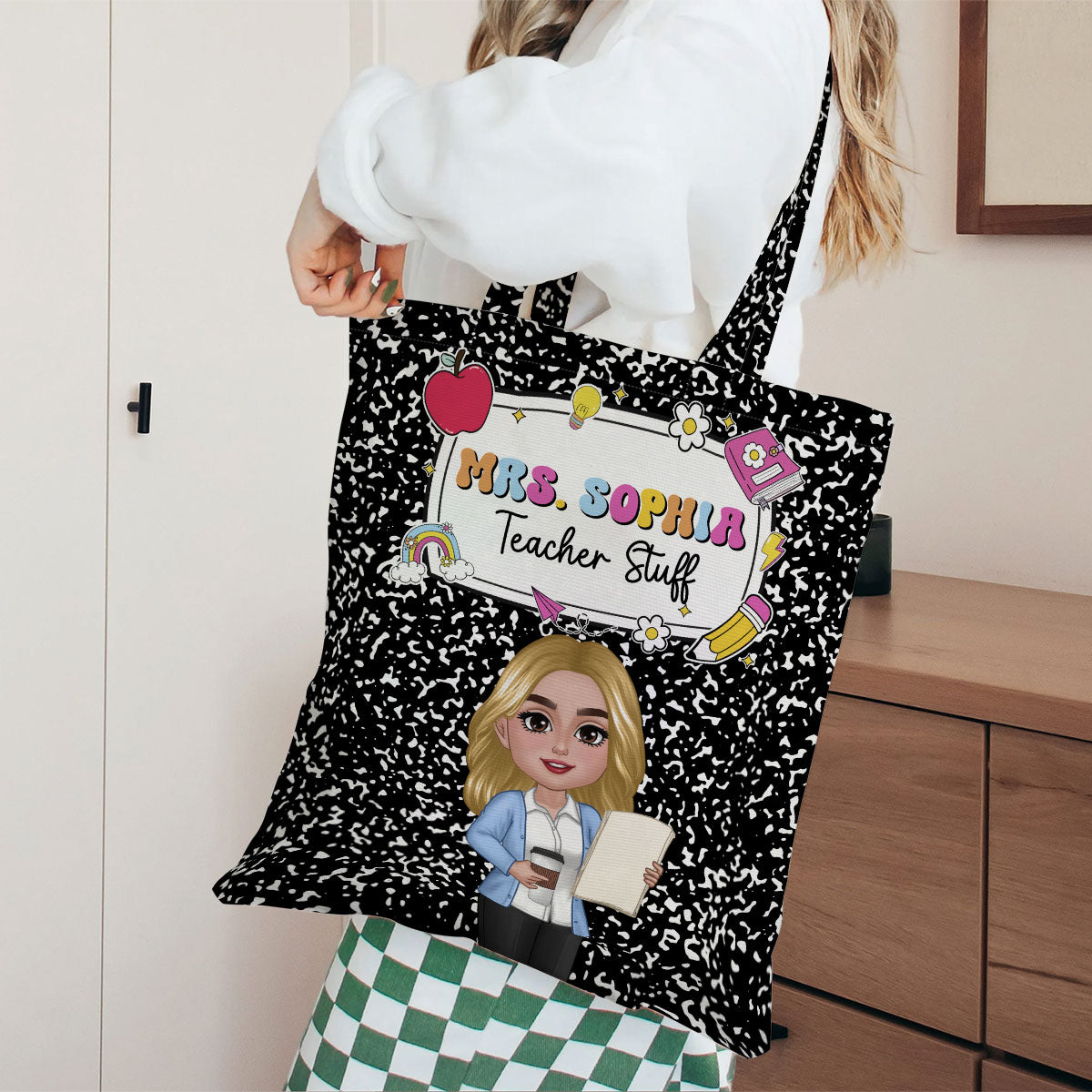 Teacher Composition Book Pattern Personalized Tote Bag, Back To School Gift For Teacher