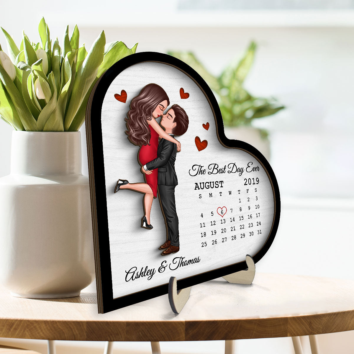 Doll Couple Hugging Kissing Calendar Anniversary Date Gift For Couple Gift For Him Gift For Her Personalized Heart Shaped 2 Layer Wooden Plaque