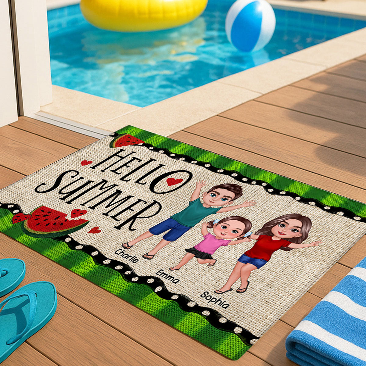 Hello Summer Watermelon Family Personalized Doormat, Summer Decoration