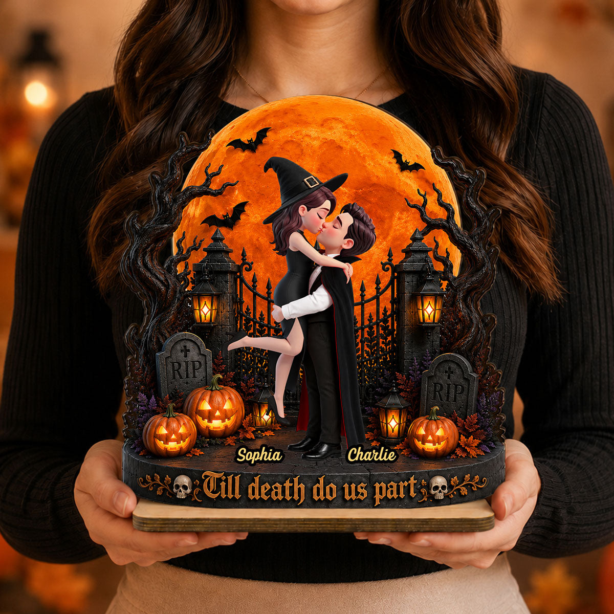 Eternal Love Couple Under Halloween Moon Light - Personalized 2-Layered Wooden Plaque - Halloween Gift For Couple