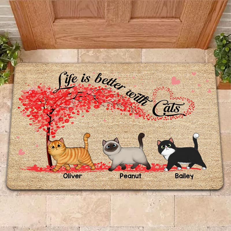 Walking Fluffy Cat Under Heart Tree Personalized Doormat