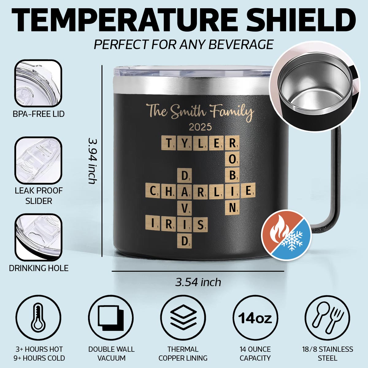 Family Members Names Crossword Puzzle Art Personalized Stainless Steel Tumbler With Handle
