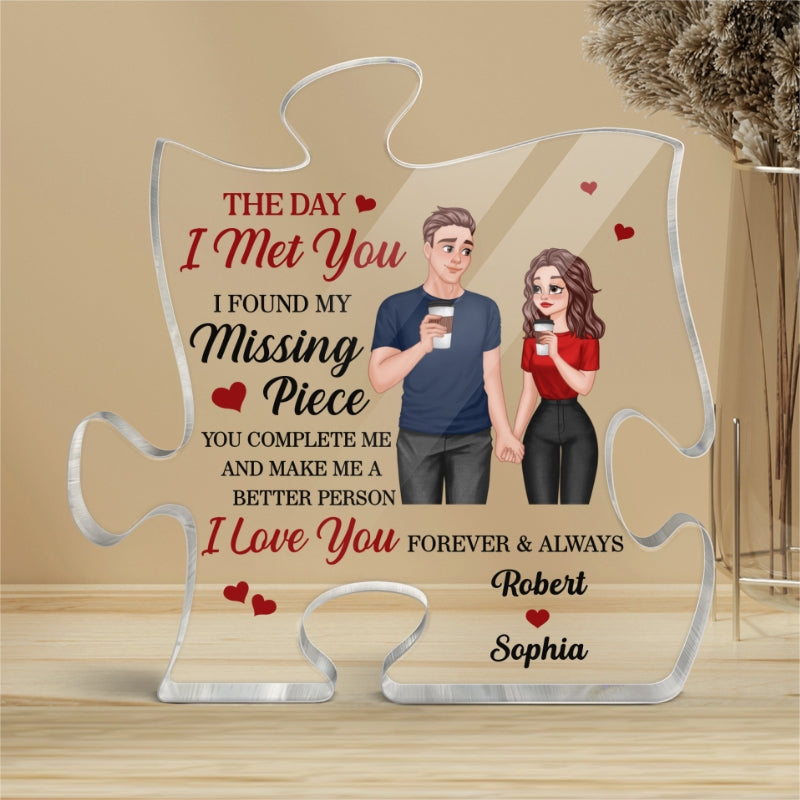 Cartoon Couple Hand In Hand Found My Missing Piece Personalized Puzzle Acrylic Plaque - Anniversary Gift For Him For Her