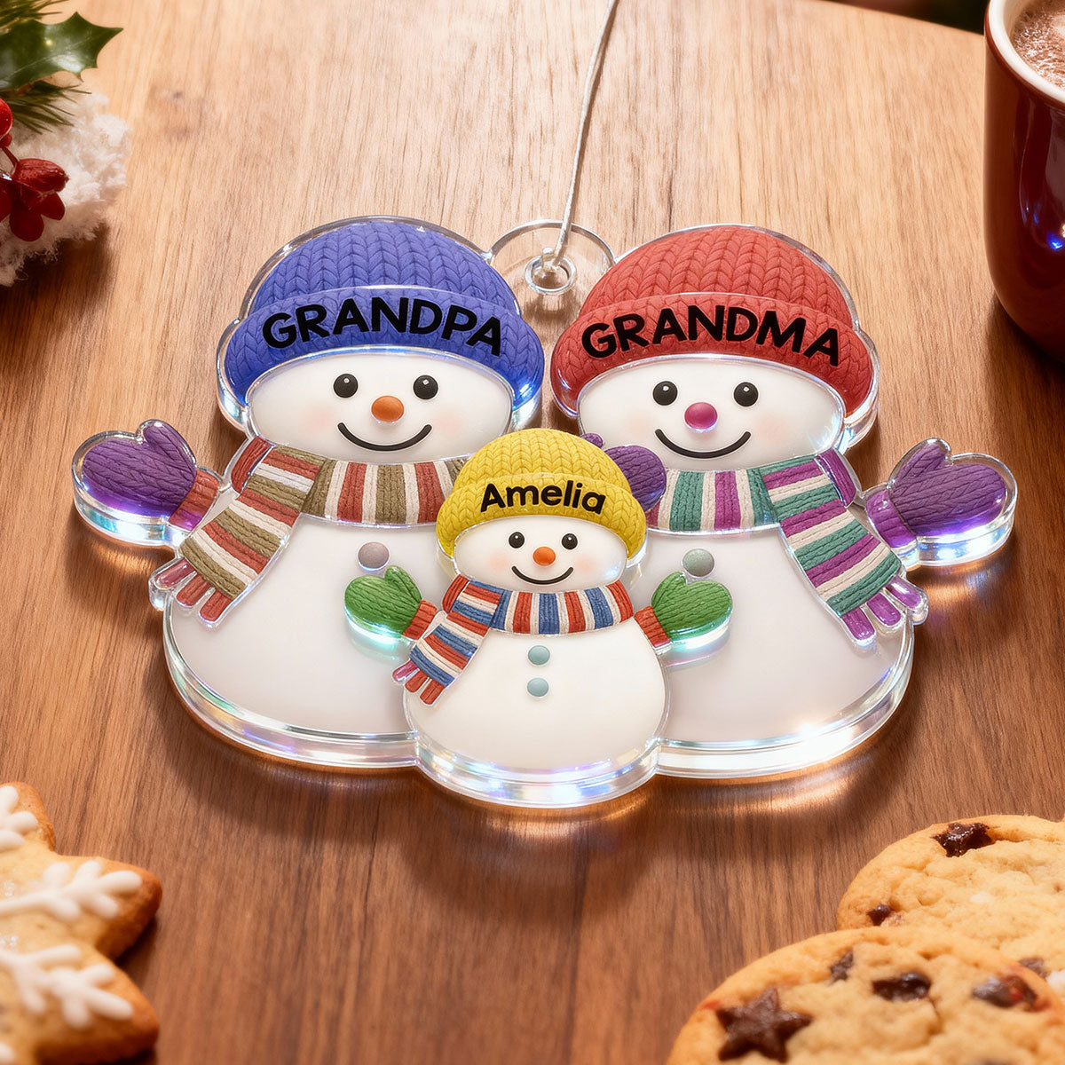 Christmas Grandma Grandpa And Grandkid Snowman Together - Personalized Acrylic Ornament