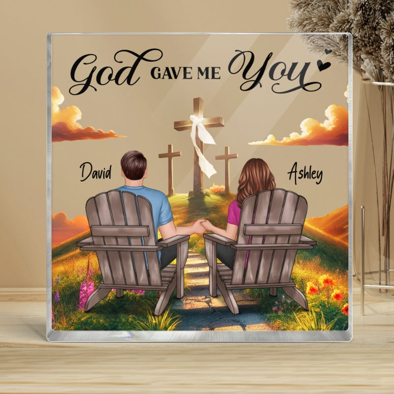 Cross God Knew My Heart Needed You Old Couple Sitting Together Personalized Acrylic Block Plaque, Anniversary  Gift For Him, Her, Husband, Wife