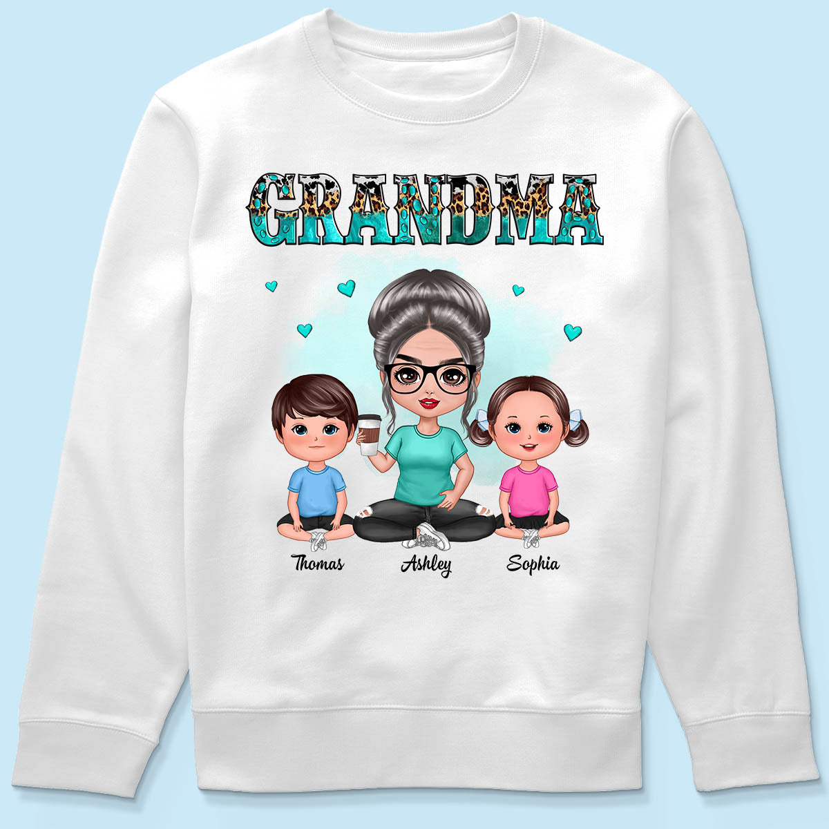 Teal And Leopard Doll Grandma And Grandkids Sitting Personalized Shirt