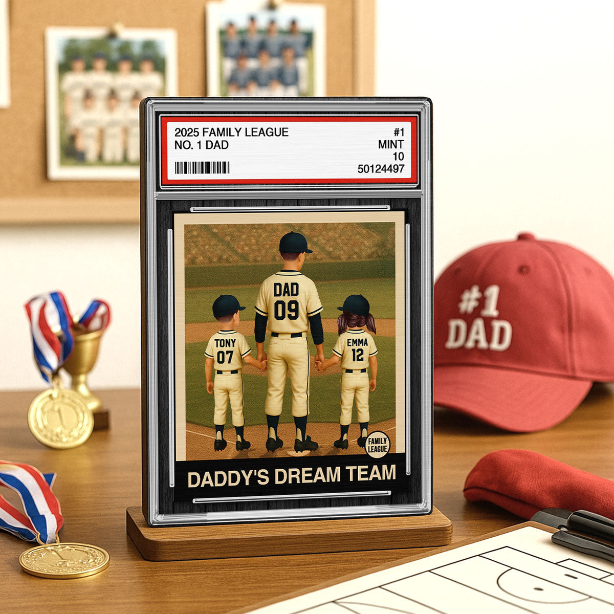 Baseball No. 1 Dad Man & Kids Trading Card Style Personalized 2-Layer Standing Wooden Plaque