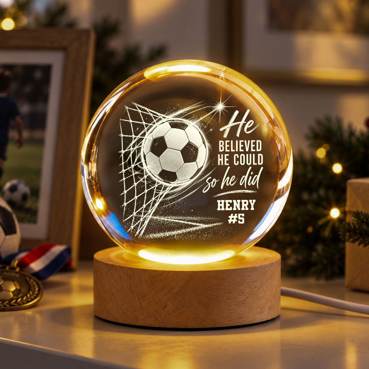 Proud Soccer Player Name And Number - Personalized Crystal Ball - Christmas Gift For Teenagers, Soccer Players, Soccer Lovers, Daughter, Granddaughter, Son, Grandson