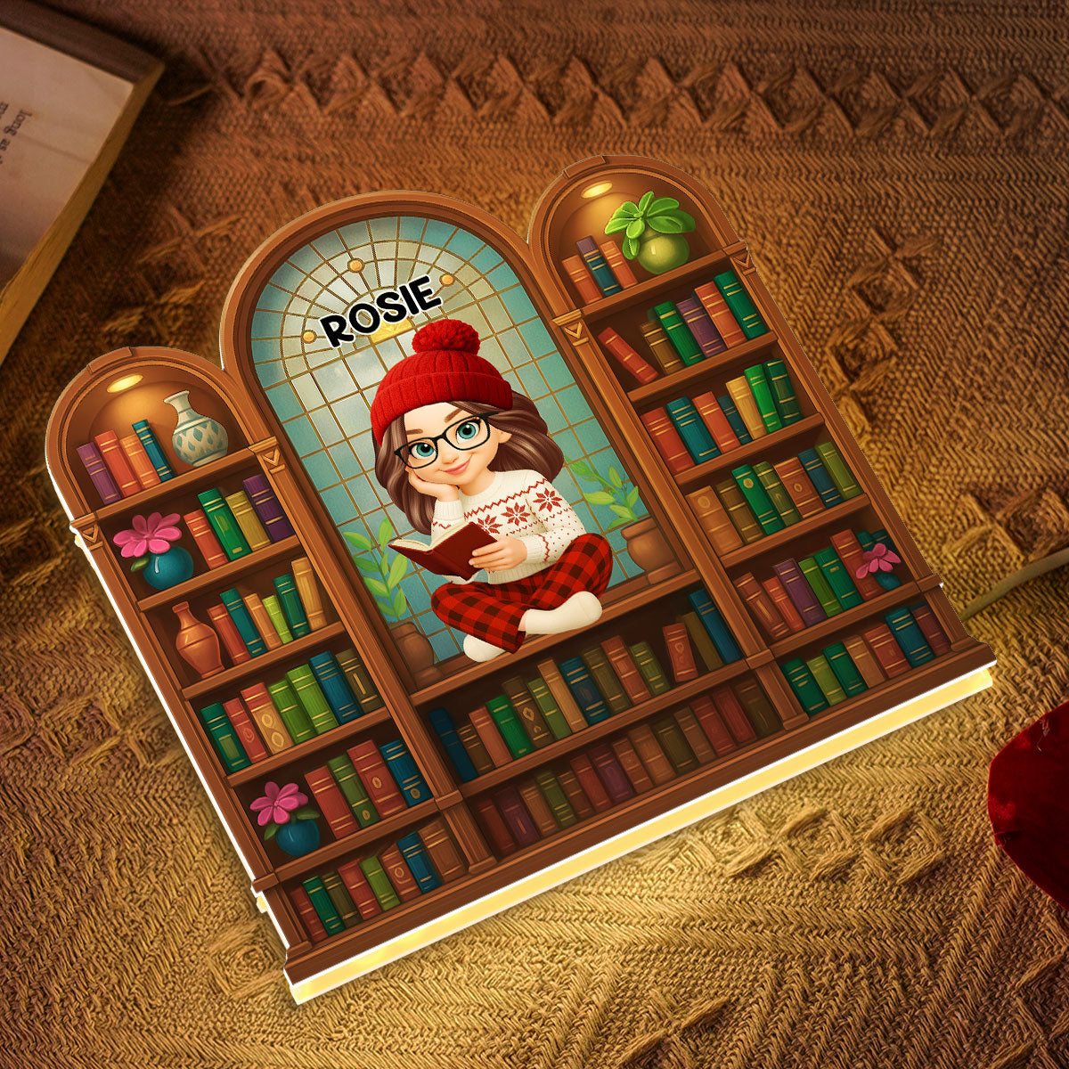 Christmas Cozy Vibe Pretty Girl Reading Book In Arched Bookshelf - Personalized Light Box