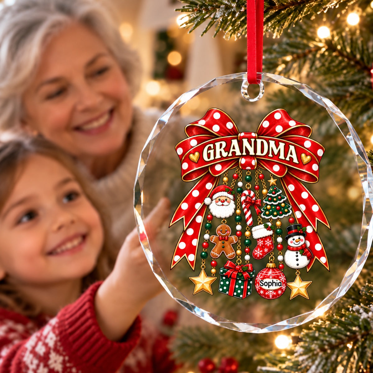 Grandma Retro Christmas Charm Bow - Personalized Glass Ornament - Trendy Christmas for Grandma