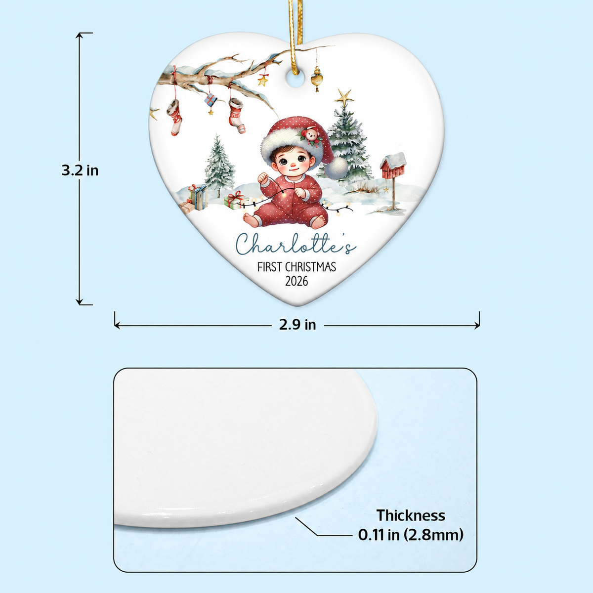 Watercolor Woodland Baby's First Christmas Personalized Heart Shaped Ceramic Ornament, Christmas Gift Keepsake for New Mom New Dad