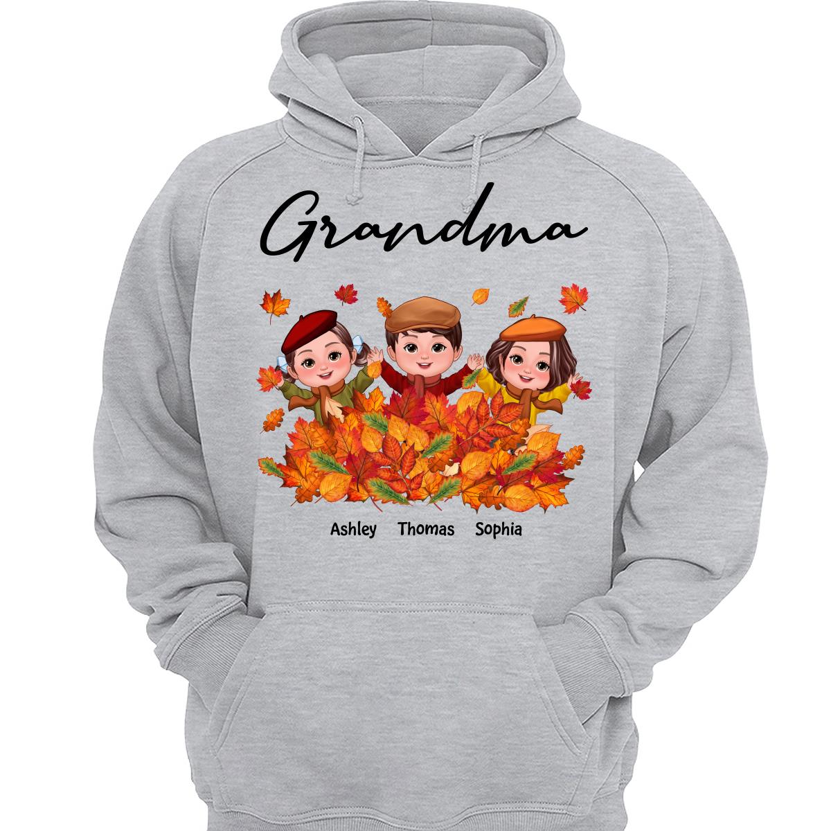 Fall Season Kids Playing In Leaf Pile Grandma Mom Personalized Shirt