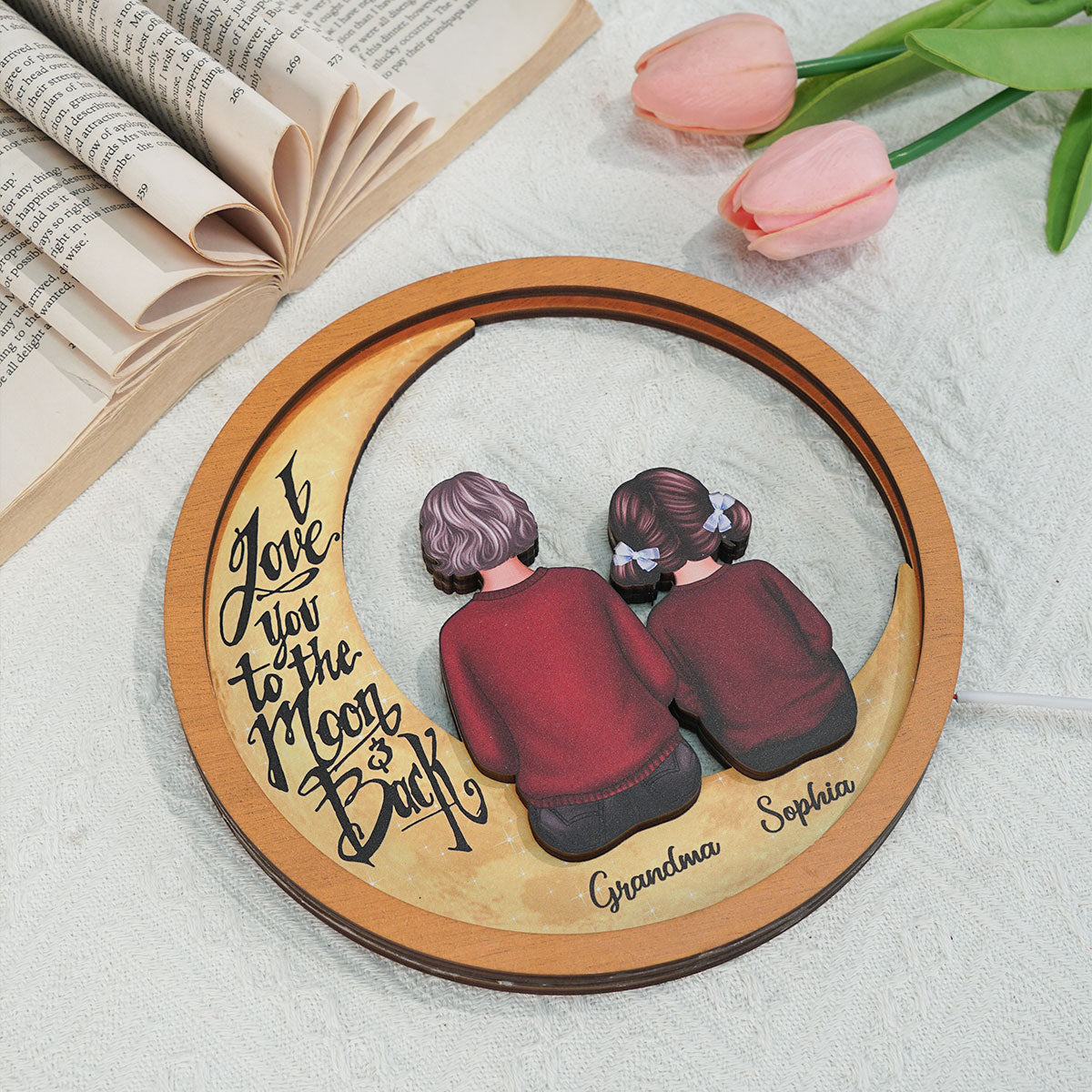 Grandma & Grandkids I Love You To The Moon And Back Personalized 2-Layered Wooden Frame With LED, Mother's Day gift for Grandma