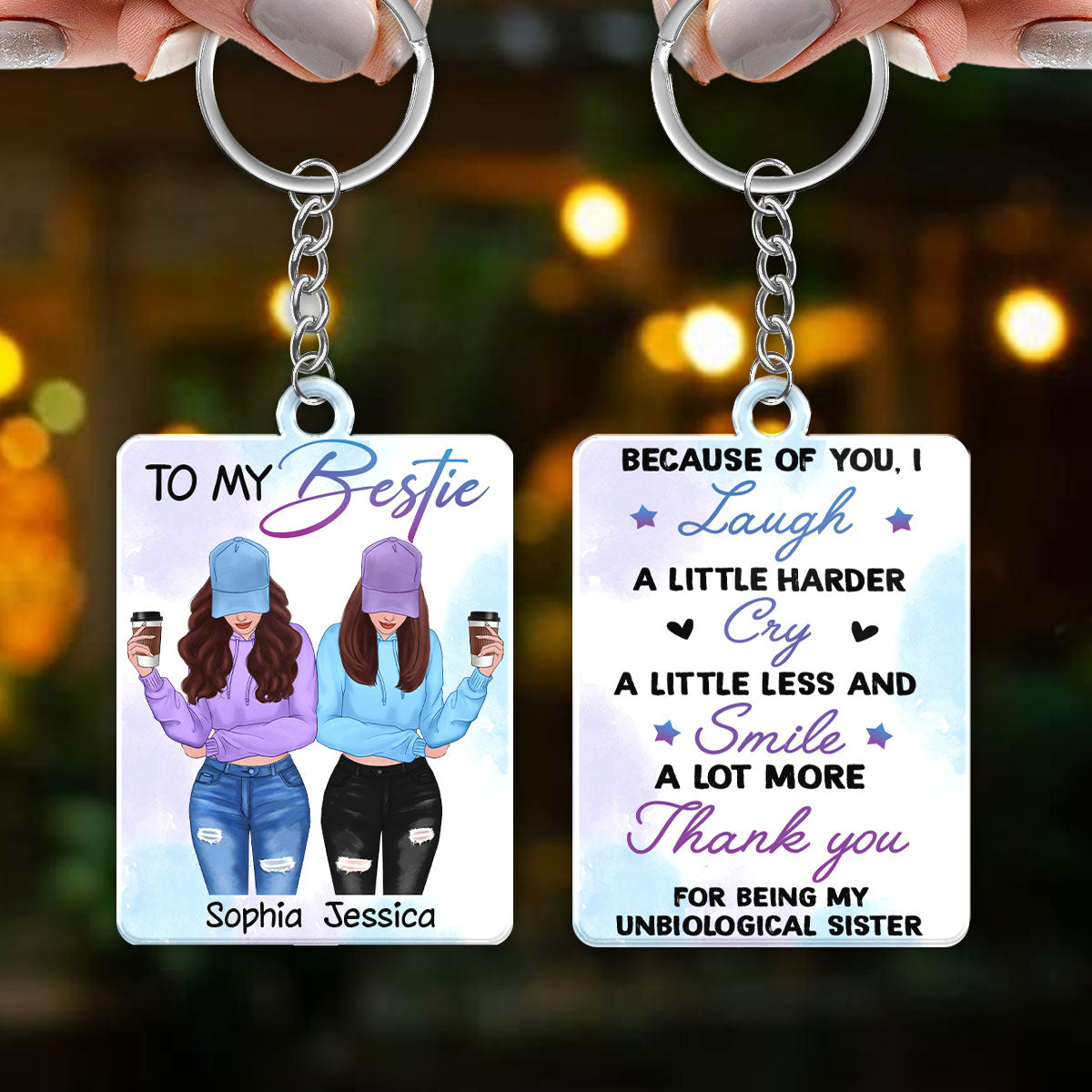 Front View Besties To My Bestie Watercolor Personalized Acrylic Keychain