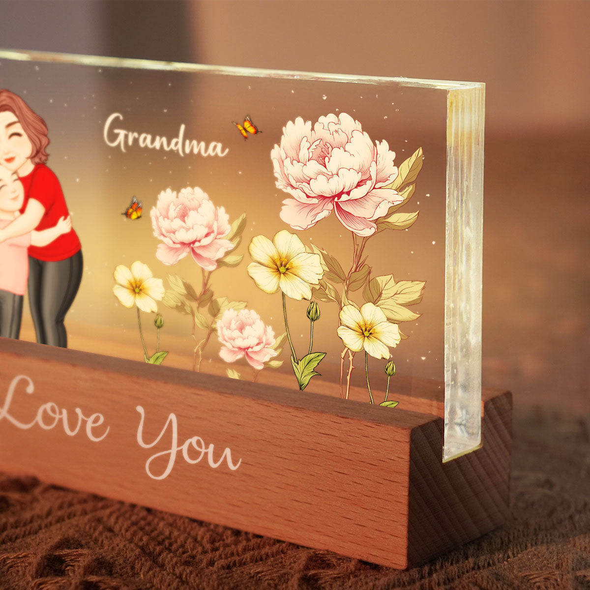 Grandma Hugging Grandkid Birth Month Flower Personalized Acrylic Block LED Night Light, Heartfelt Gift For Grandma, Grandkids