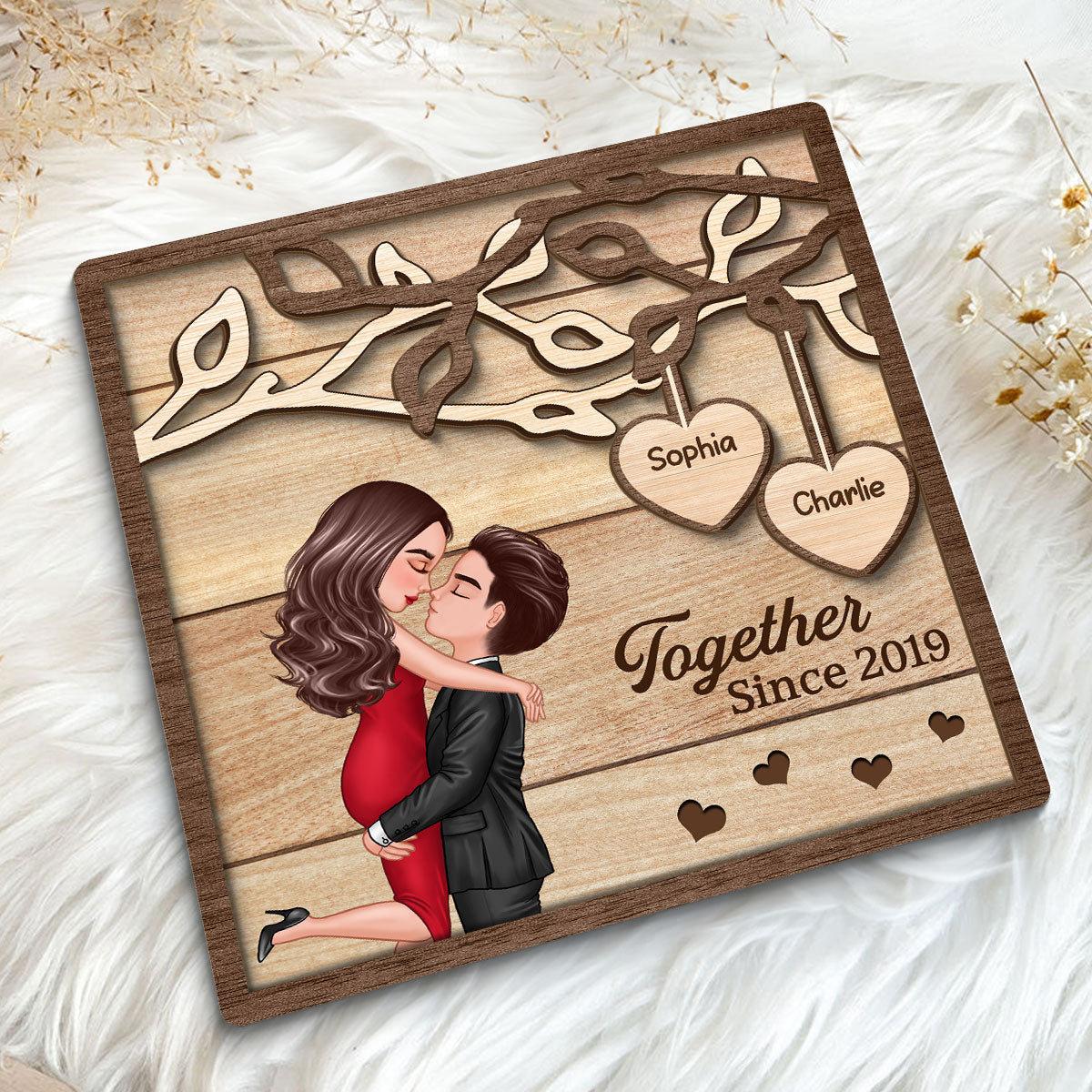 Couple Kissing Under Tree Hugging Kissing Couple Personalized 2-Layer Wooden Plaque
