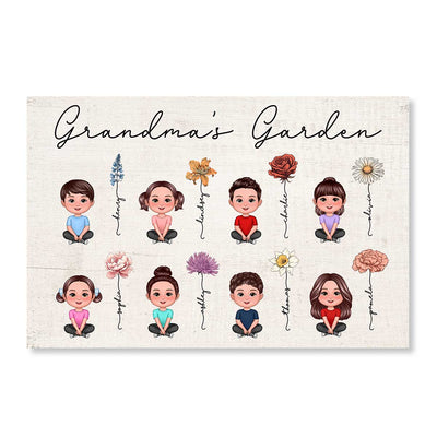 Grandkids Sitting Crossed Legs Grandma Garden Vintage Birth Month Flowers Mother‘s Day Gift Personalized Horizontal Poster