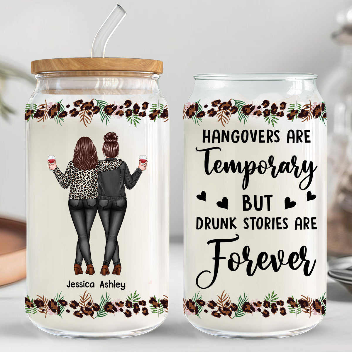 Leopard Back View Besties Personalized Clear Glass Can