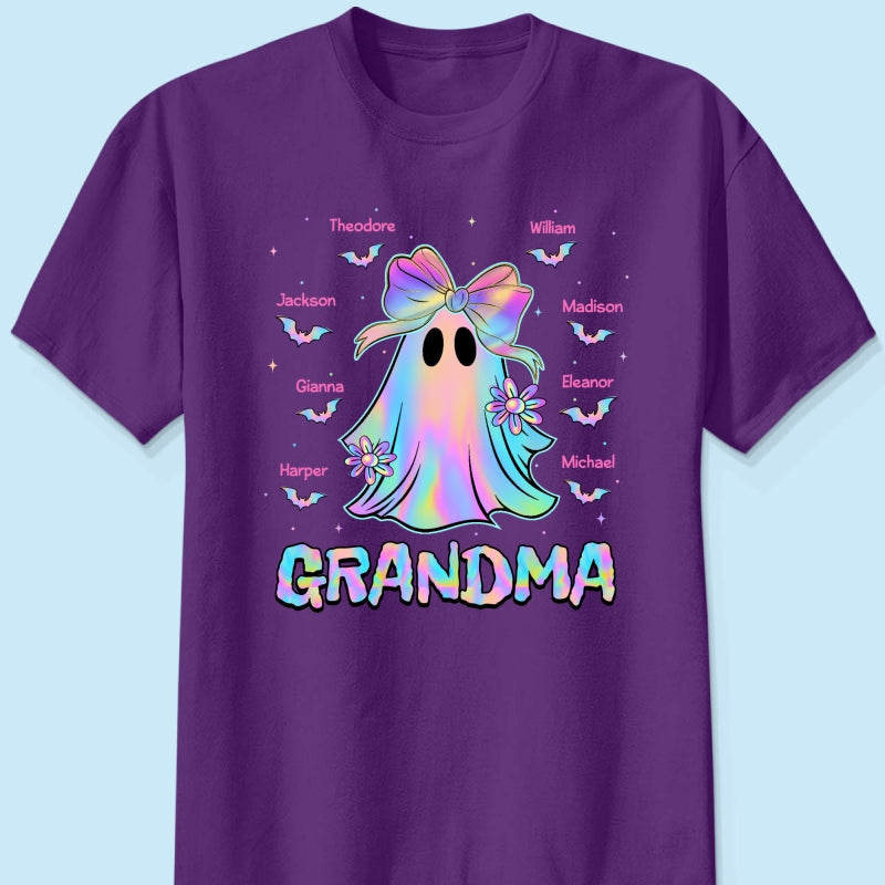 Halloween Preppy Style Iridescent Boo Kids Names Grandma Heart Personalized Shirt