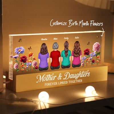 Mother & Daughters Sons Forever Linked Together 3D Effect Birth Month Flowers Personalized Acrylic Block LED Night Light